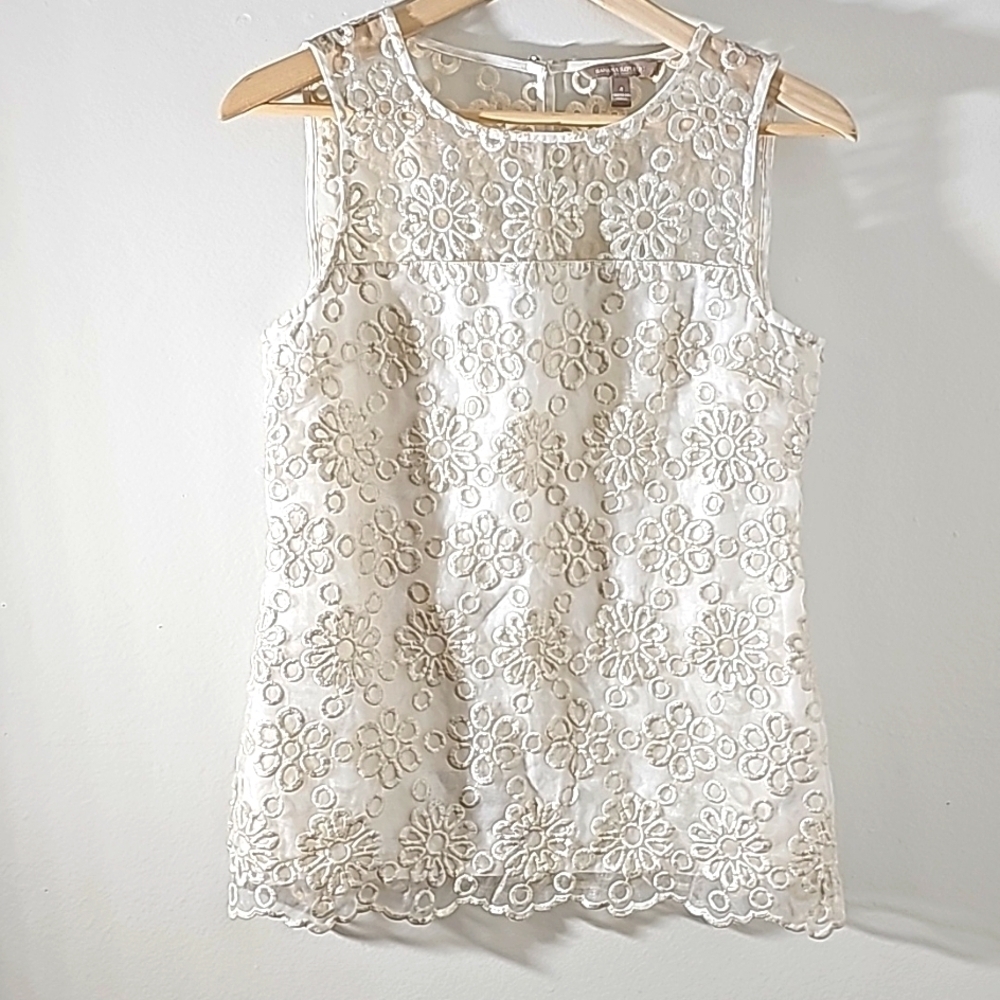 Banana Republic Floral Eyelet Lace Tank Top Womens Size 4 Ivory Sleeveless Shell
